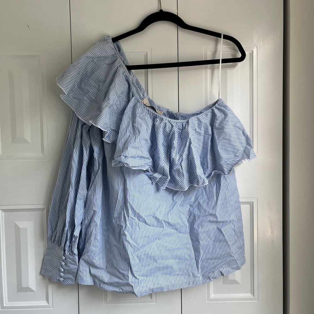 LOFT Blue Asymmetrical Ruffled Blouse - Picture 4 of 5